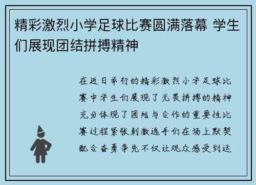 精彩激烈小学足球比赛圆满落幕 学生们展现团结拼搏精神