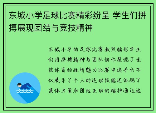 东城小学足球比赛精彩纷呈 学生们拼搏展现团结与竞技精神