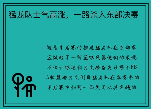 猛龙队士气高涨，一路杀入东部决赛