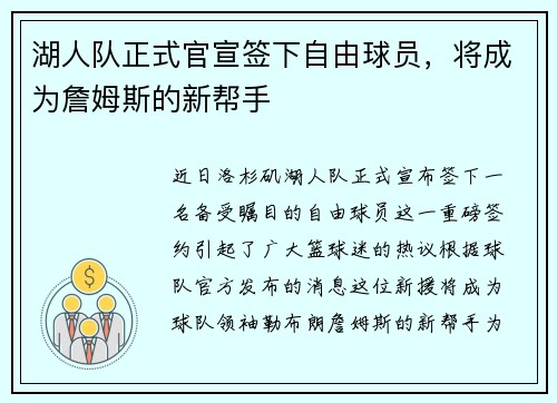 湖人队正式官宣签下自由球员，将成为詹姆斯的新帮手