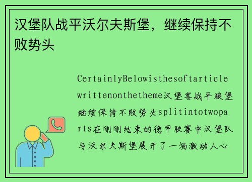 汉堡队战平沃尔夫斯堡，继续保持不败势头
