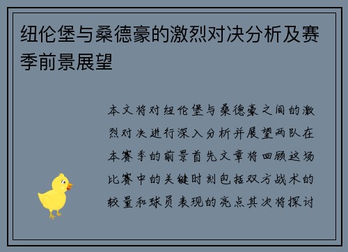 纽伦堡与桑德豪的激烈对决分析及赛季前景展望