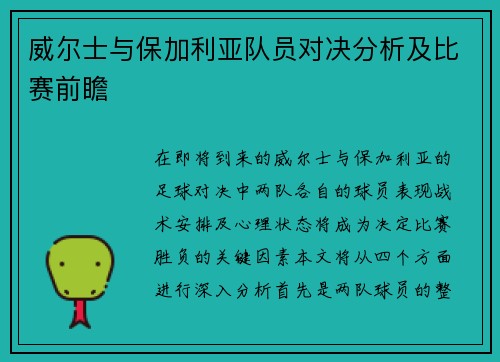 威尔士与保加利亚队员对决分析及比赛前瞻