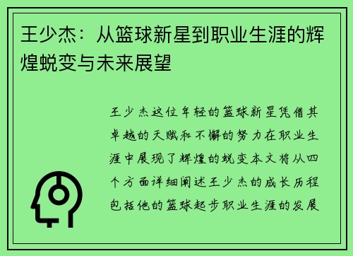 王少杰：从篮球新星到职业生涯的辉煌蜕变与未来展望