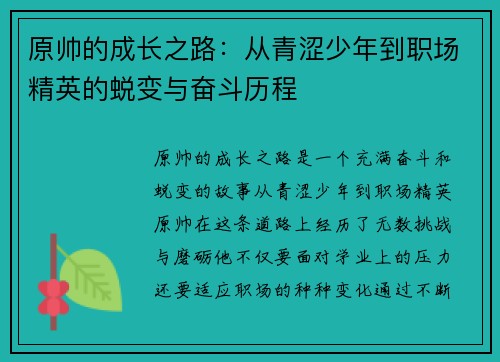 原帅的成长之路：从青涩少年到职场精英的蜕变与奋斗历程