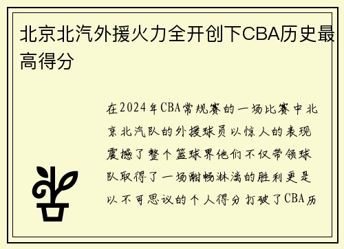 北京北汽外援火力全开创下CBA历史最高得分