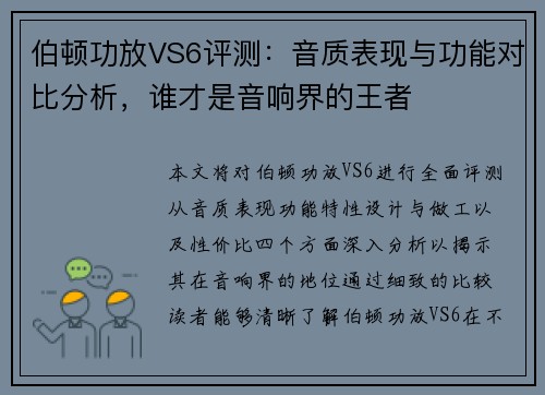伯顿功放VS6评测：音质表现与功能对比分析，谁才是音响界的王者