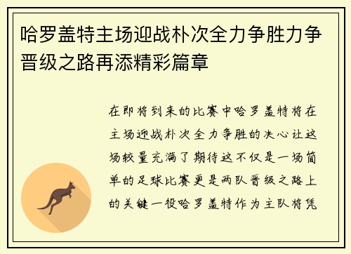 哈罗盖特主场迎战朴次全力争胜力争晋级之路再添精彩篇章