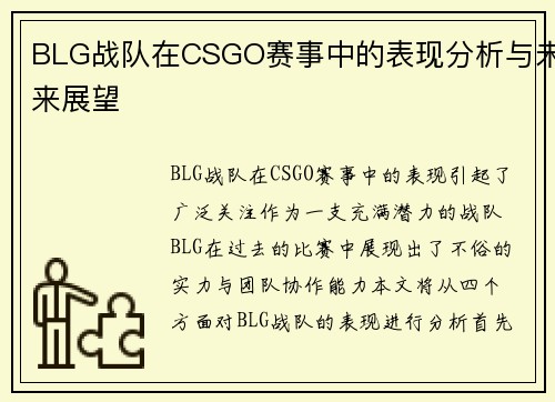 BLG战队在CSGO赛事中的表现分析与未来展望