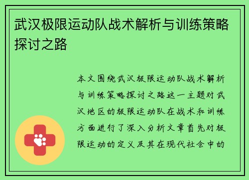 武汉极限运动队战术解析与训练策略探讨之路