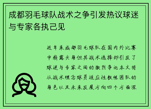 成都羽毛球队战术之争引发热议球迷与专家各执己见